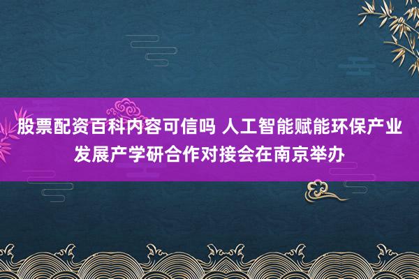 股票配资百科内容可信吗 人工智能赋能环保产业发展产学研合作对接会在南京举办