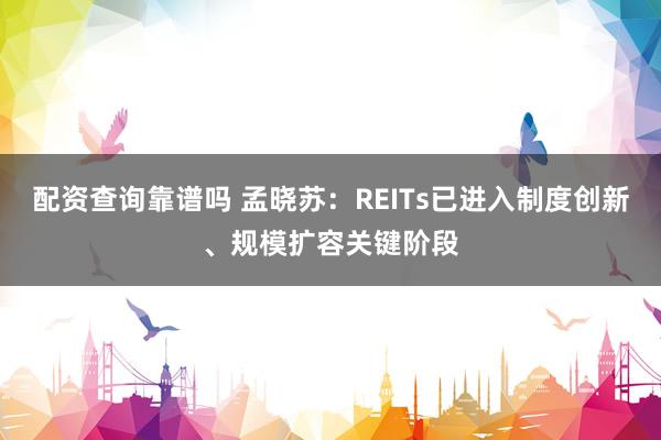 配资查询靠谱吗 孟晓苏：REITs已进入制度创新、规模扩容关键阶段